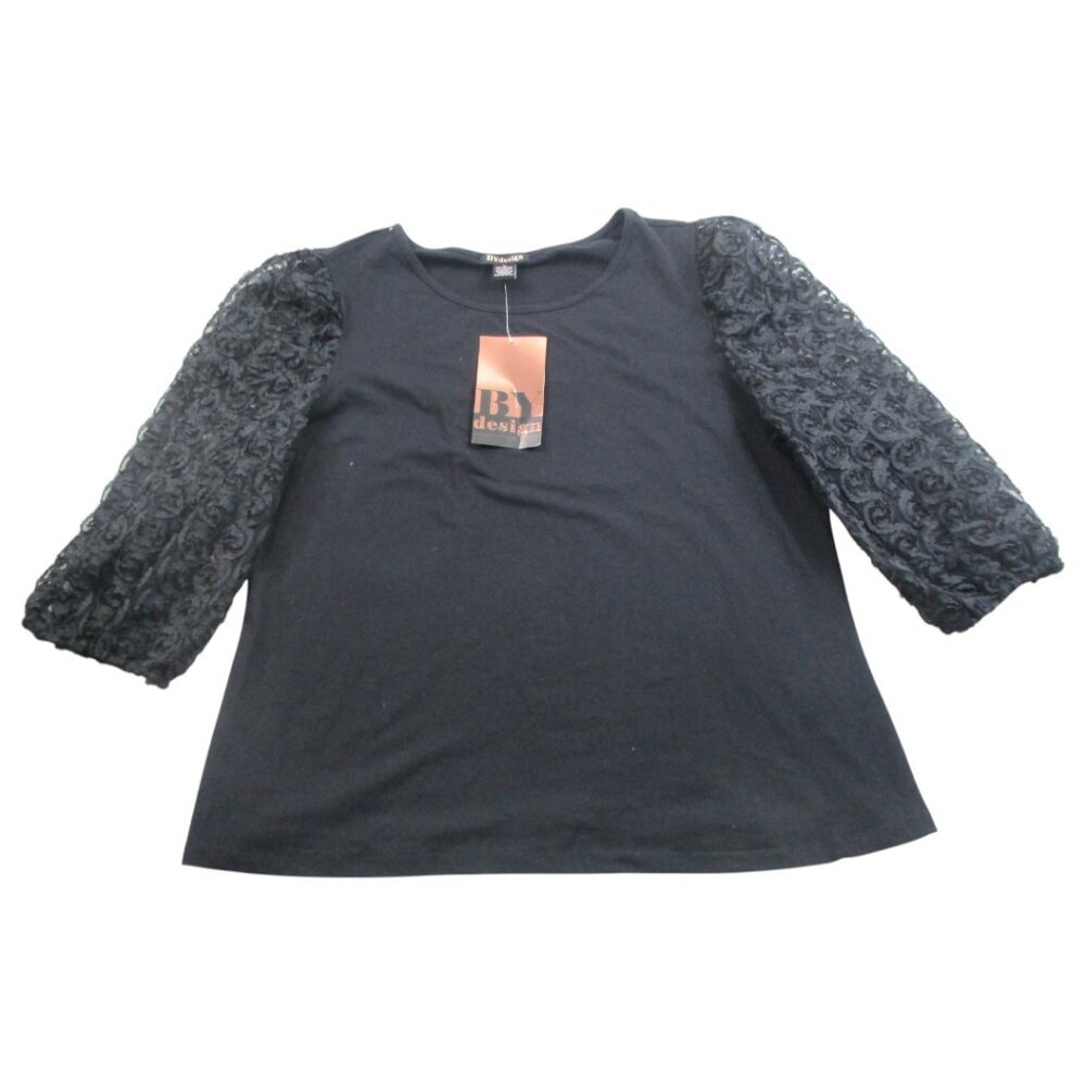 By Design Blouse Top Women XL Black Stretch Skimming Textured Floral Puff Sleeve